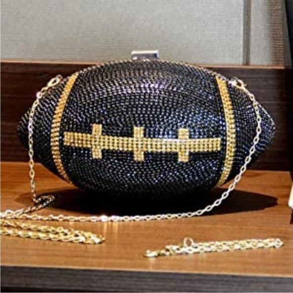 Black- Football Shaped Purse Rhinestone Crystal Evening Bag Clutch *NEW* - Picture 1 of 9
